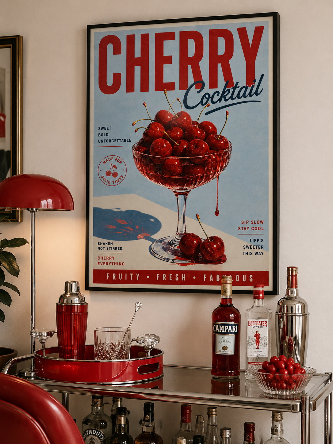 Cherry Cocktail Poster displayed in a stylish contemporary home bar