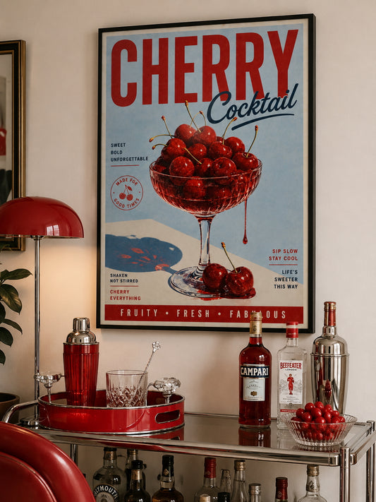 Cherry Cocktail Poster displayed in a stylish contemporary home bar