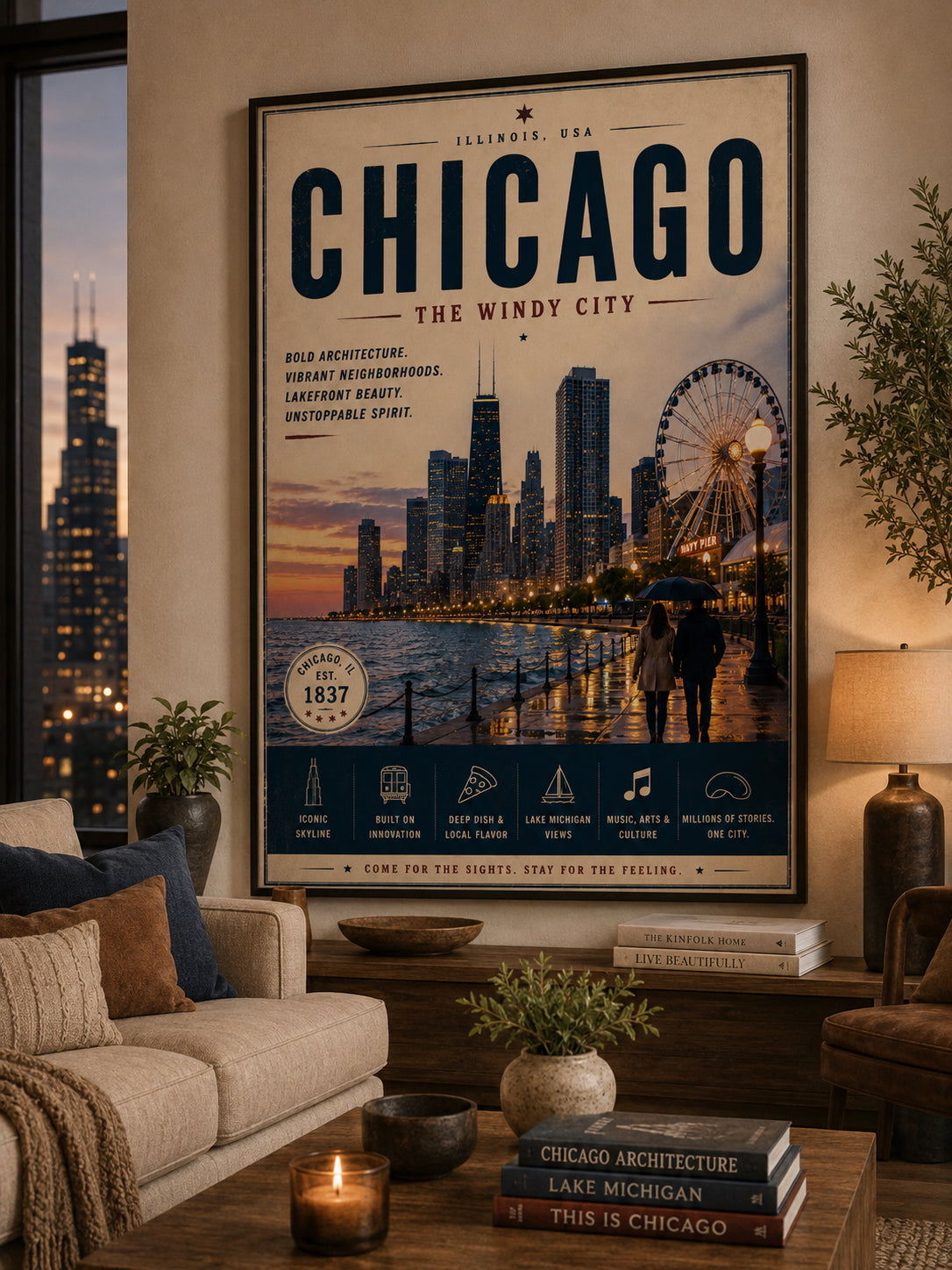 Chicago Travel Poster displayed in a modern living room.