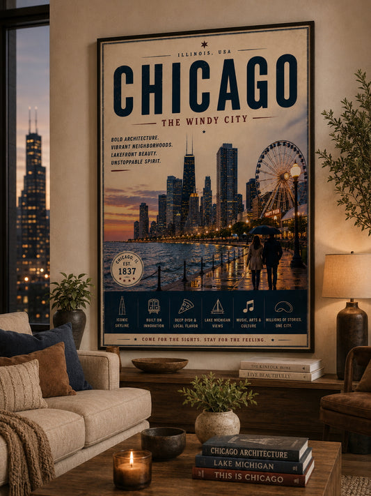 Chicago Travel Poster displayed in a modern living room.