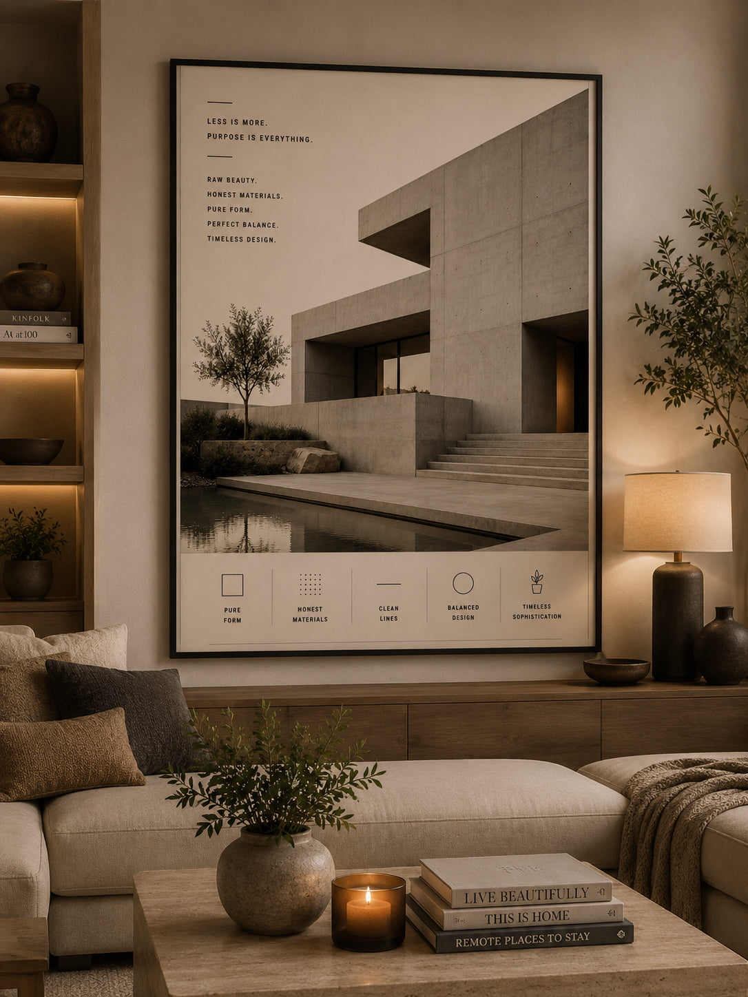 Concrete Minimalism Architecture Poster displayed in a modern living room.