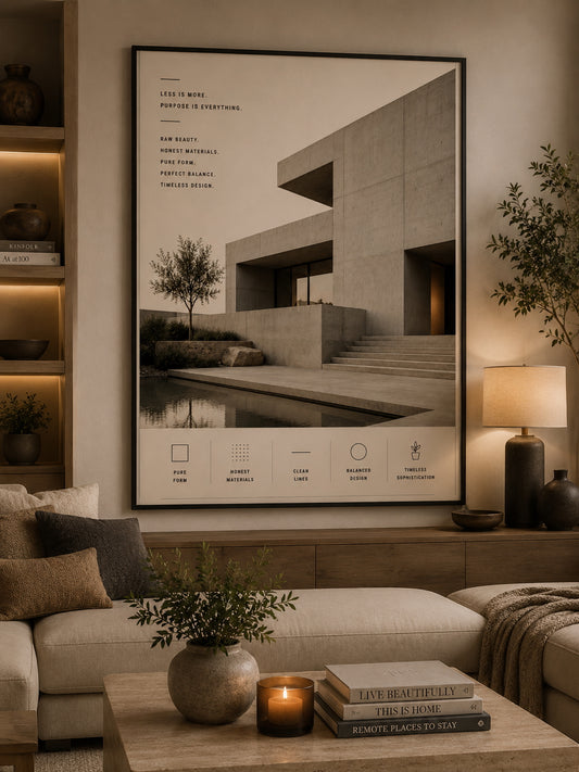 Concrete Minimalism Architecture Poster displayed in a modern living room.
