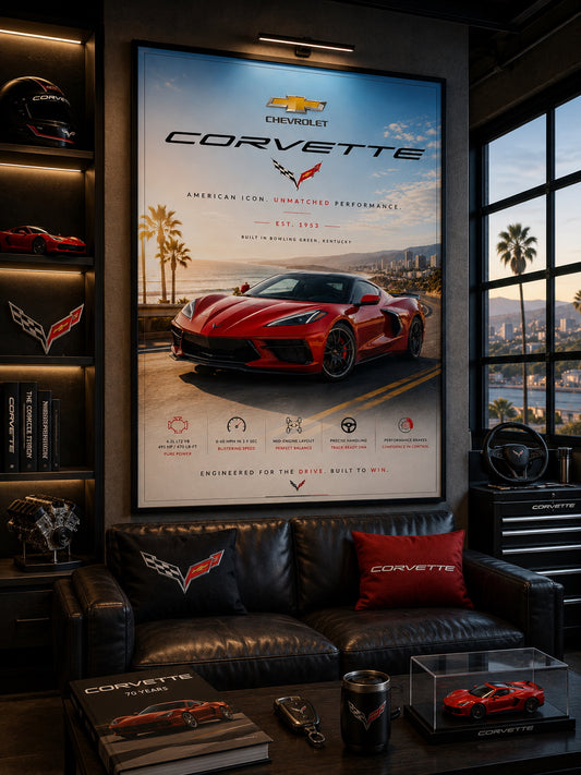 Chevrolet Corvette Car Poster displayed in a modern home office.