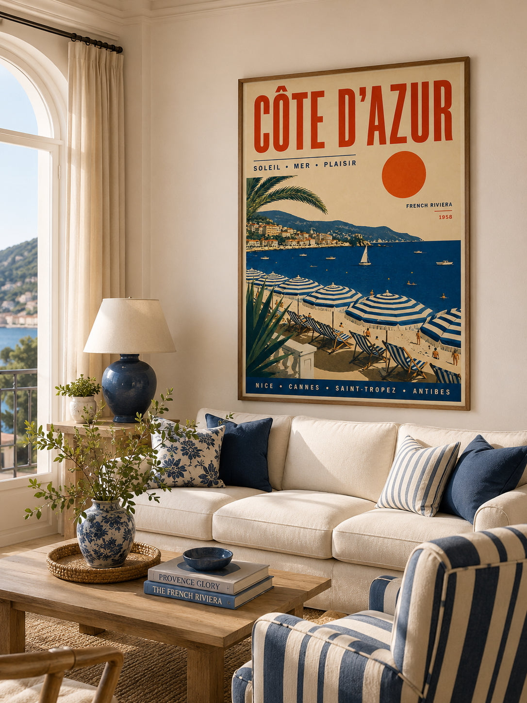 Côte d’Azur Travel Poster displayed in a bright Mediterranean-inspired living room