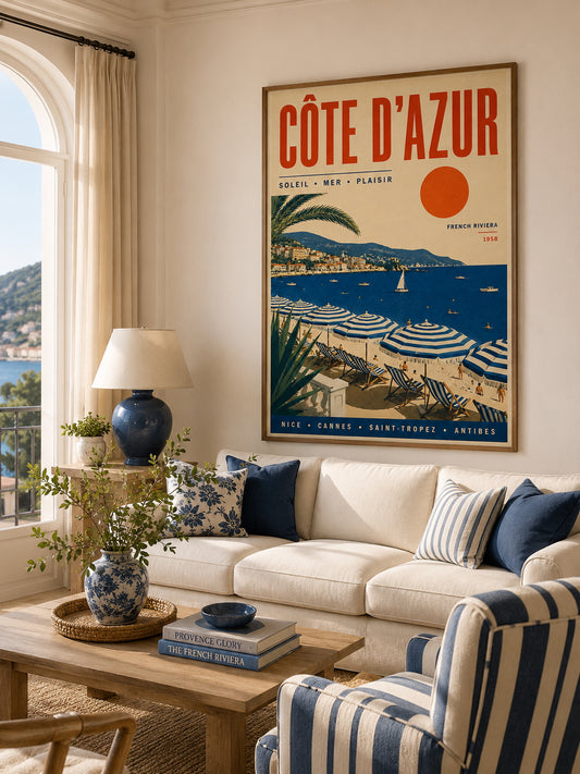 Côte d’Azur Travel Poster displayed in a bright Mediterranean-inspired living room