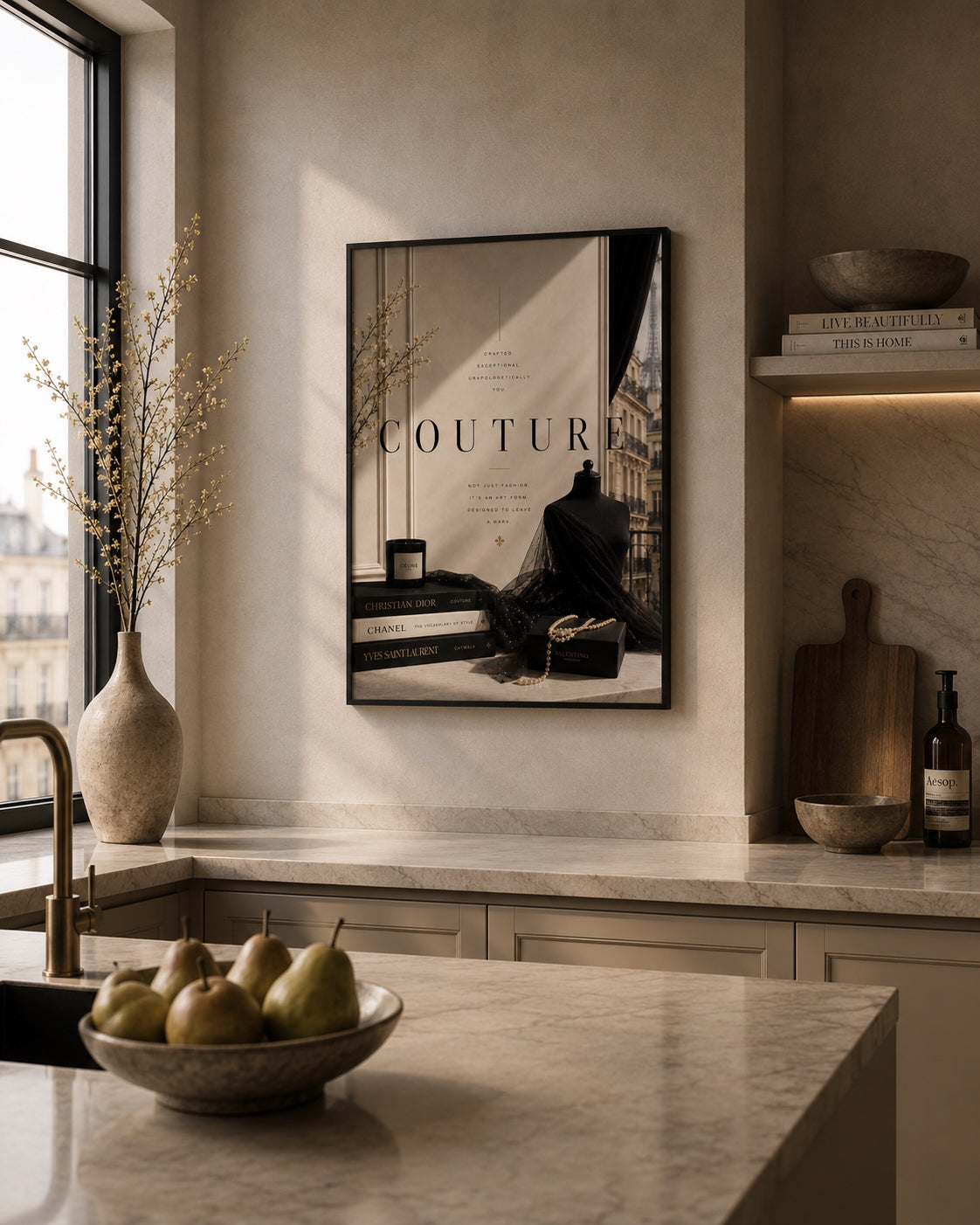 Couture Fashion Poster displayed in a modern kitchen.