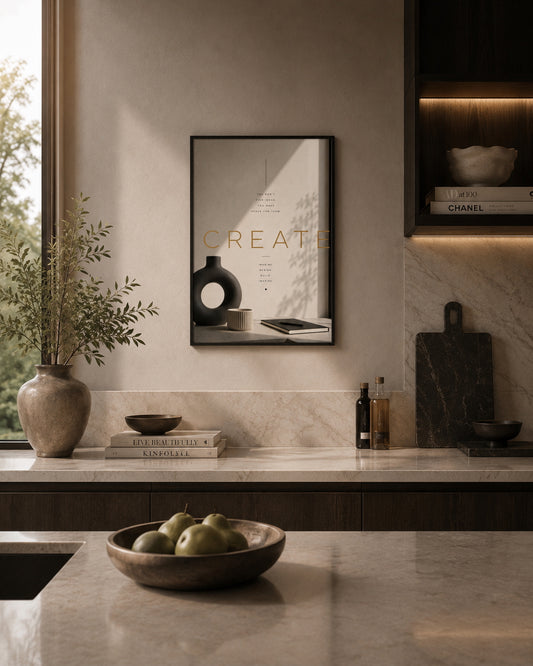 Create Typography Poster displayed in a modern kitchen.