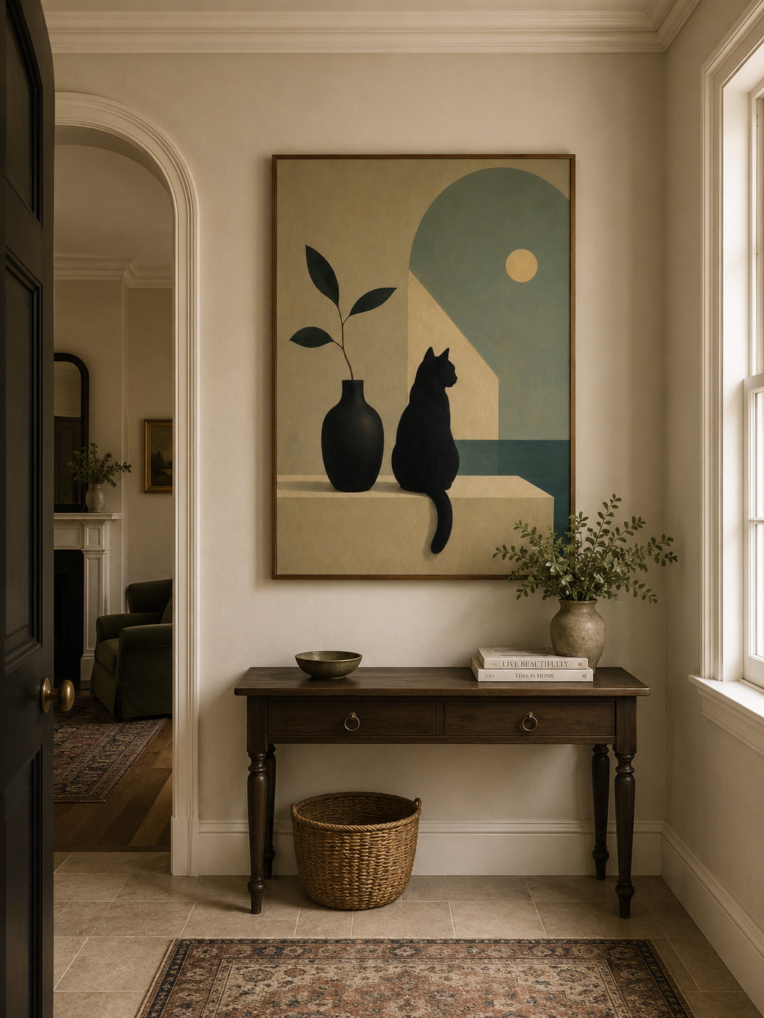 Curious Cat Poster displayed in a modern hallway.