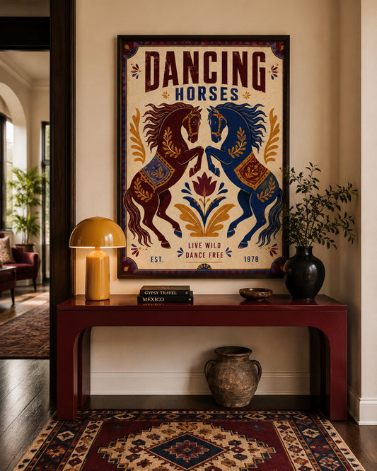 Dancing Horses Poster displayed in a warm contemporary hallway