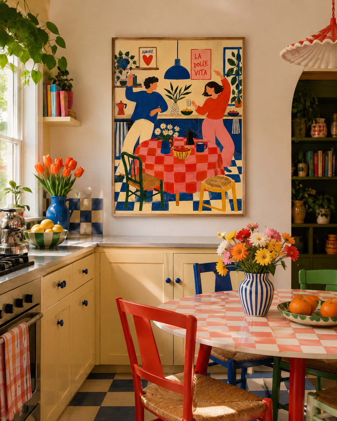 Dancing in the Kitchen Poster displayed in a colourful contemporary kitchen