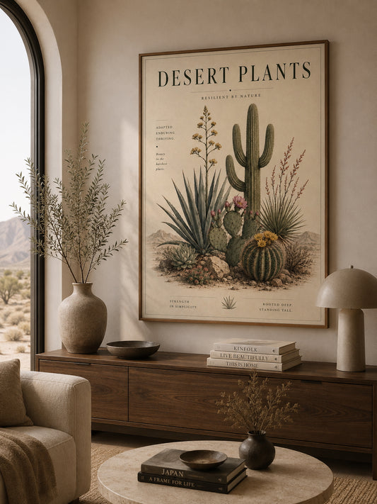 Desert Plants Botanical Poster displayed in a modern living room.
