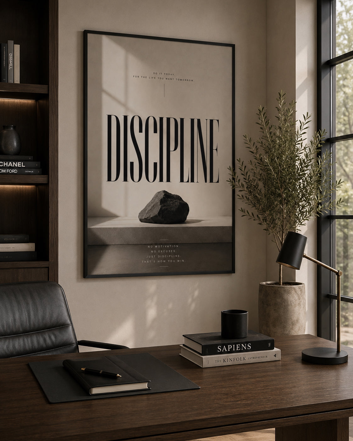 Discipline Typography Poster displayed in a modern home office.