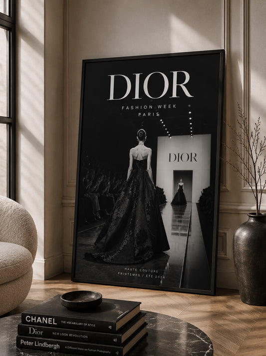 Dior Fashion Poster displayed in a modern living room.