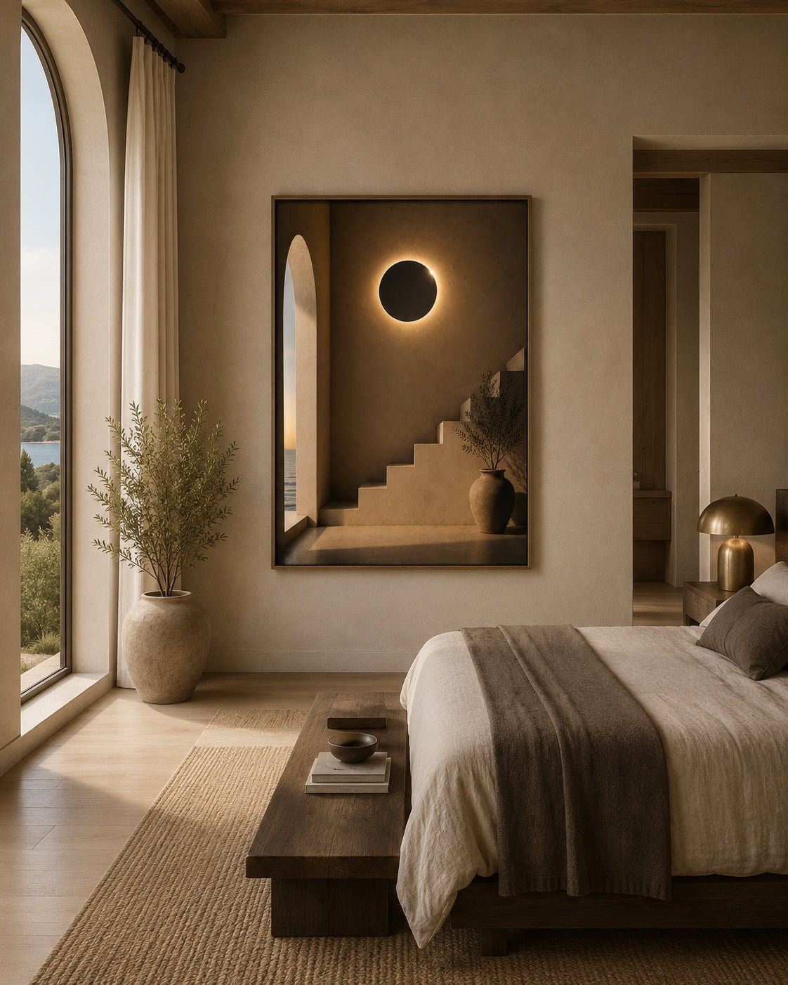 Eclipse Contemporary Poster displayed in a modern bedroom.