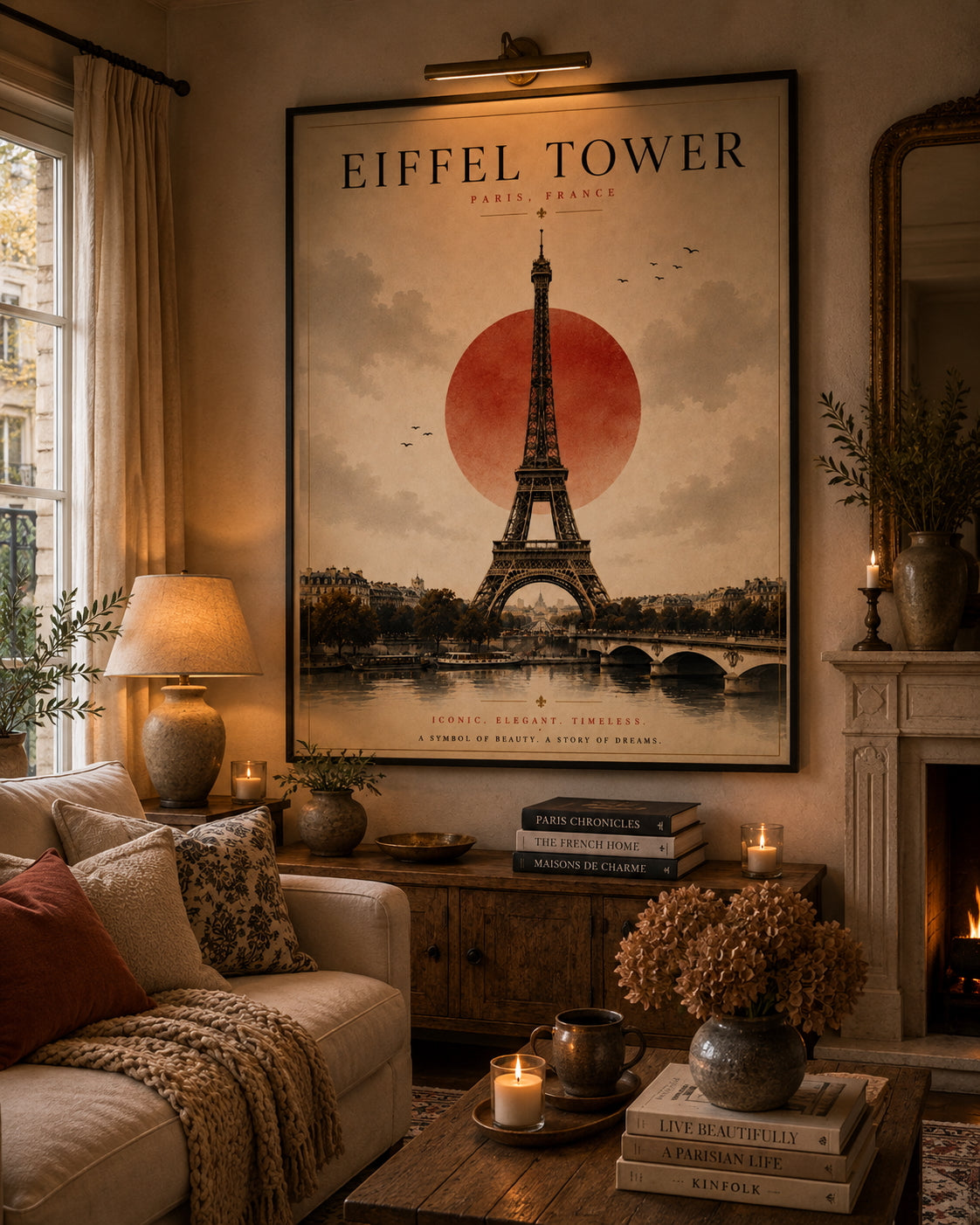Eiffel Tower Travel Poster displayed in a modern living room.