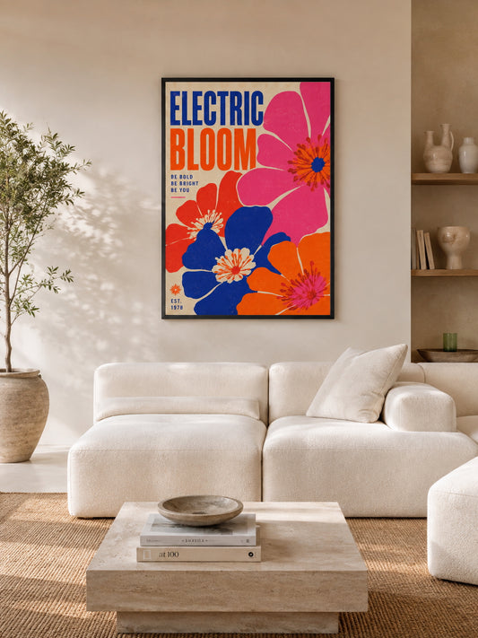 Electric Bloom Poster displayed in a bright contemporary living room