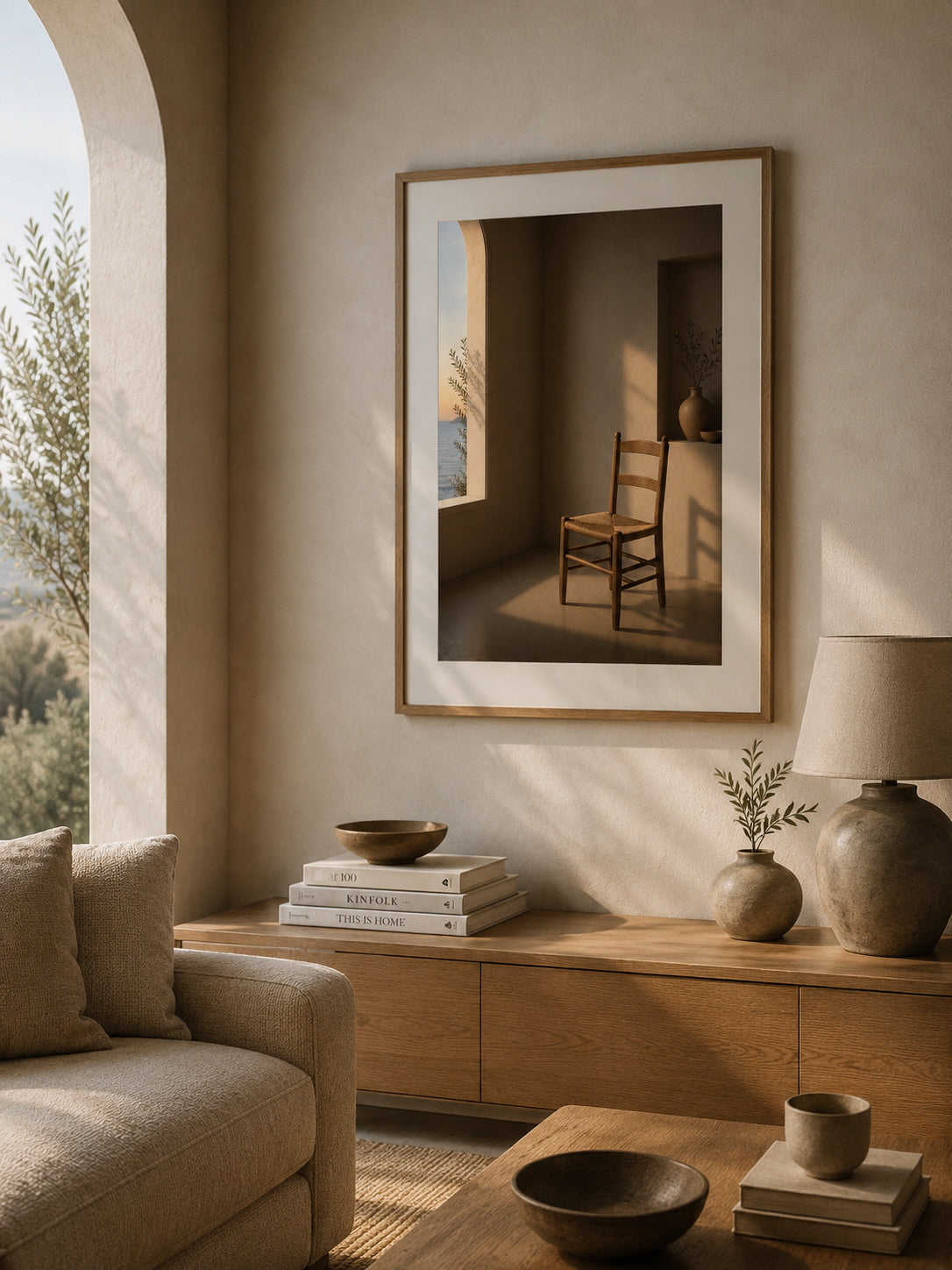 Empty Chair Poster displayed in a modern living room.