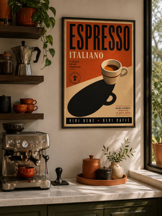 Espresso Italiano Poster displayed in a stylish kitchen coffee corner with warm retro-inspired decor
