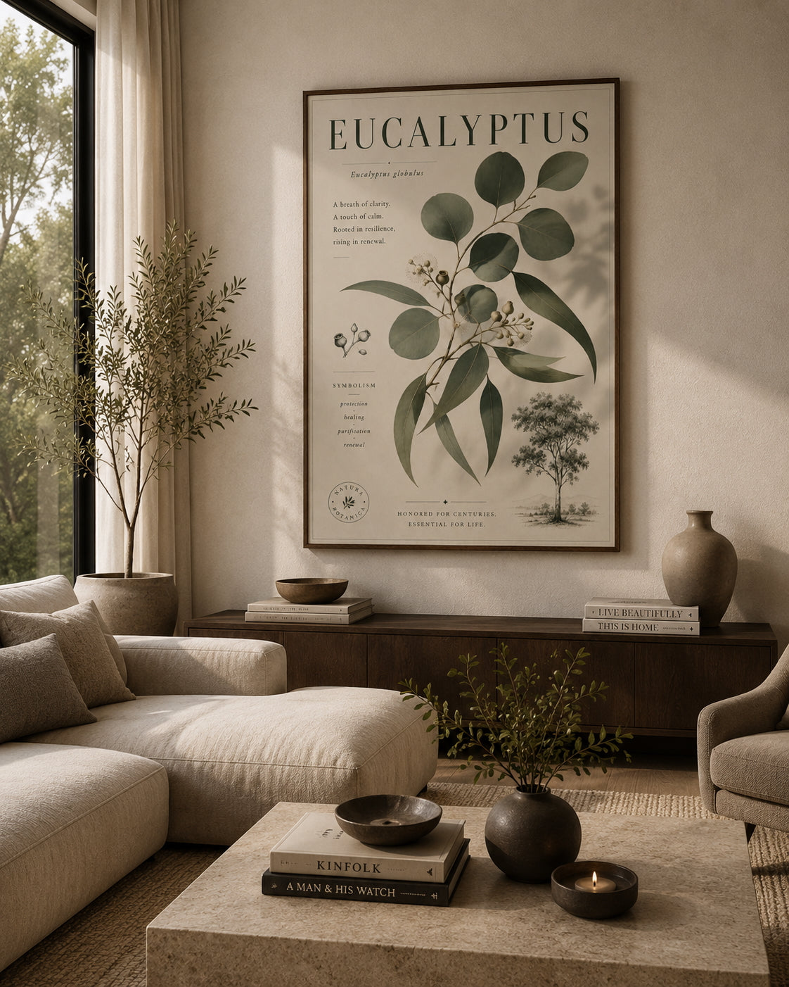 Eucalyptus Botanical Poster displayed in a modern living room.