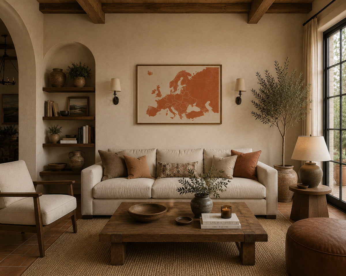 Europe Map Poster displayed in a modern living room.