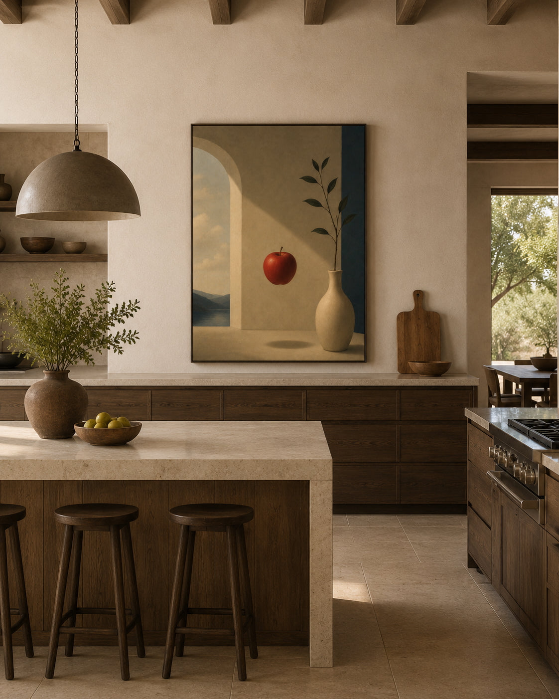 Floating Apple Poster displayed in a modern kitchen.