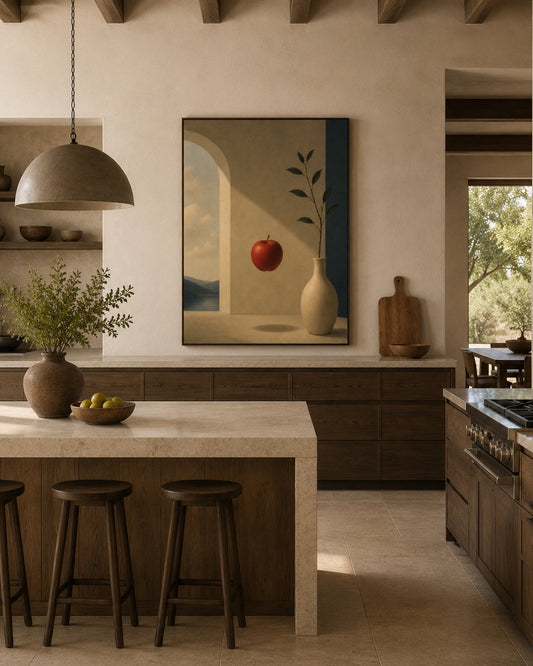 Floating Apple Poster displayed in a modern kitchen.