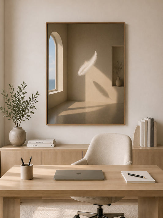 Floating Feather Poster displayed in a modern home office.