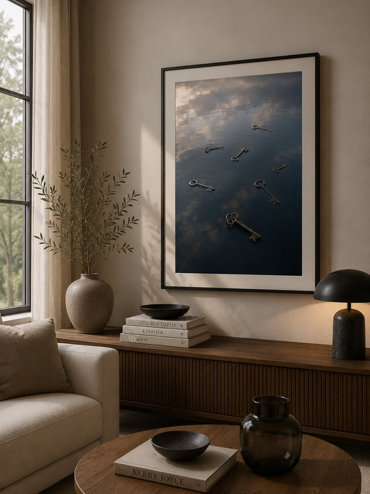 Floating Keys Poster displayed in a modern living room.