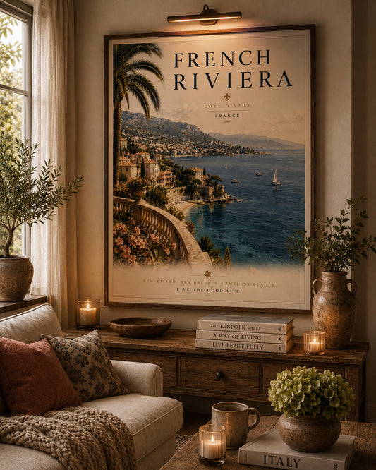 French Riviera Travel Poster displayed in a modern living room.