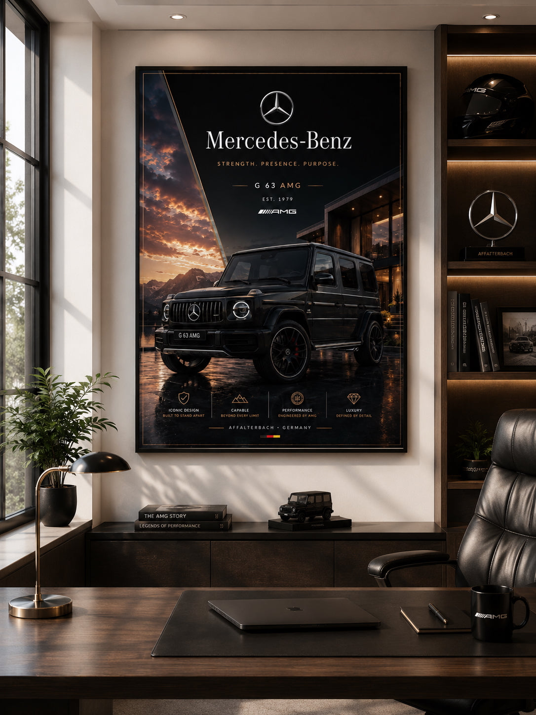 Mercedes-Benz G-Class Car Poster displayed in a modern home office.