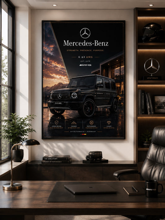 Mercedes-Benz G-Class Car Poster displayed in a modern home office.