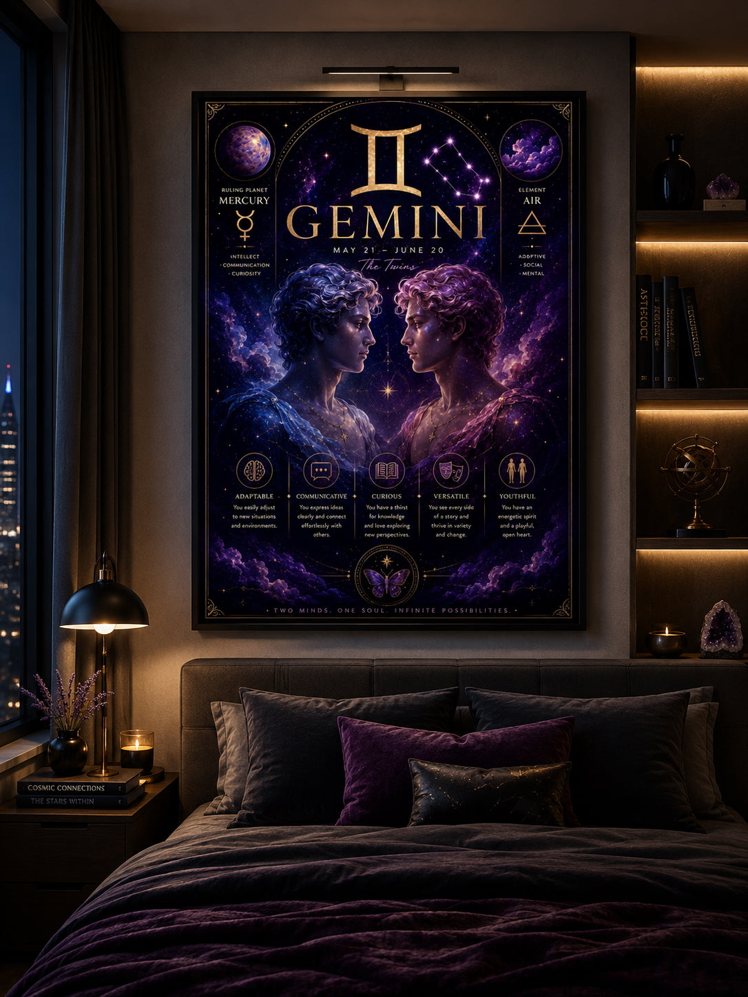 Gemini Zodiac Poster displayed in a modern bedroom.