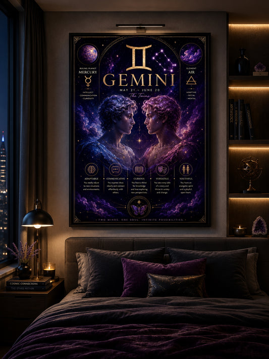 Gemini Zodiac Poster displayed in a modern bedroom.