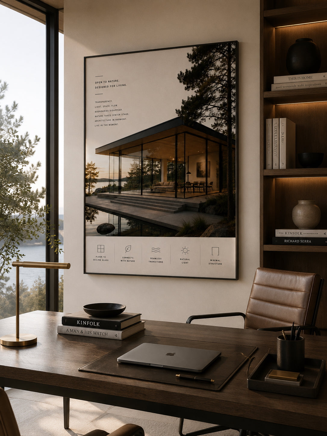Glass House Architecture Poster displayed in a modern home office.