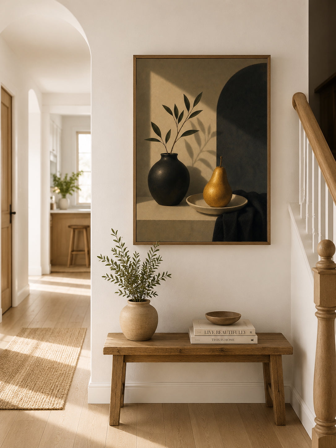 Golden Pear Still Life Poster displayed in a modern hallway.