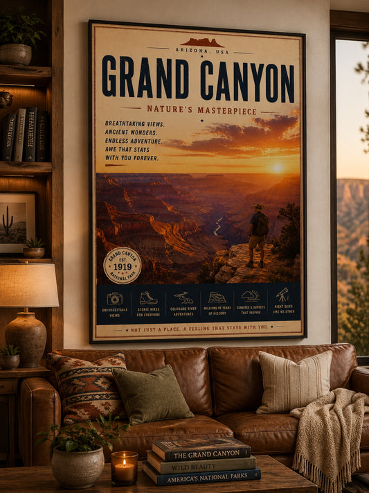 Grand Canyon Travel Poster displayed in a modern living room.