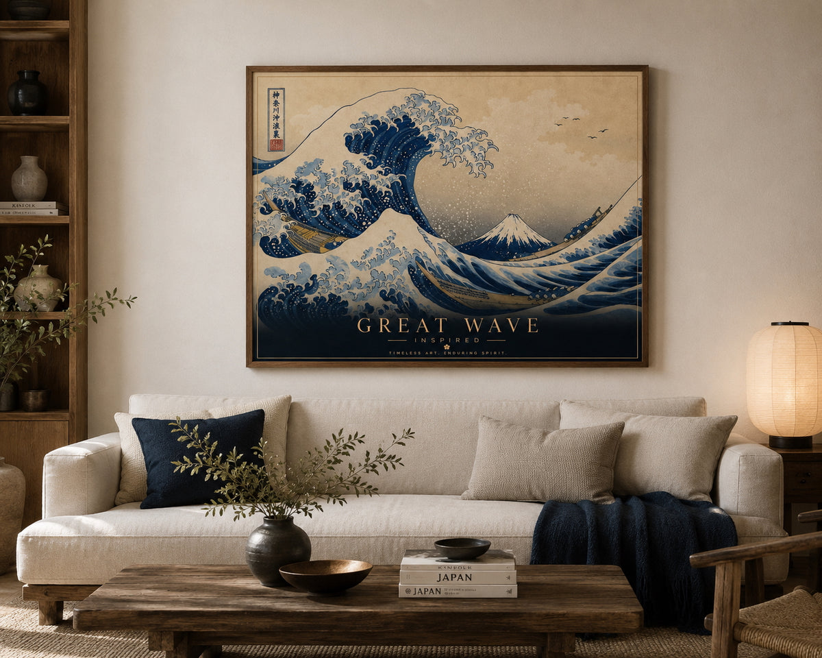 Great Wave Inspired Poster displayed in a modern living room.