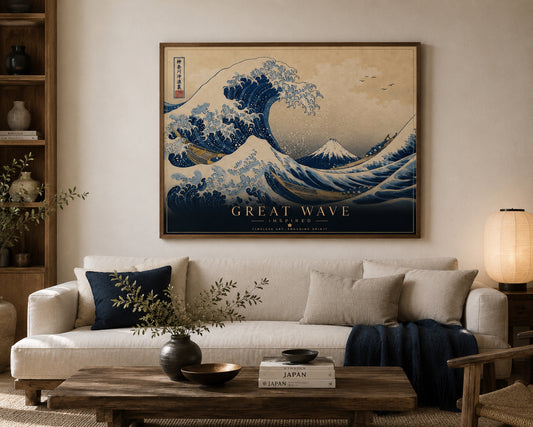 Great Wave Inspired Poster displayed in a modern living room.