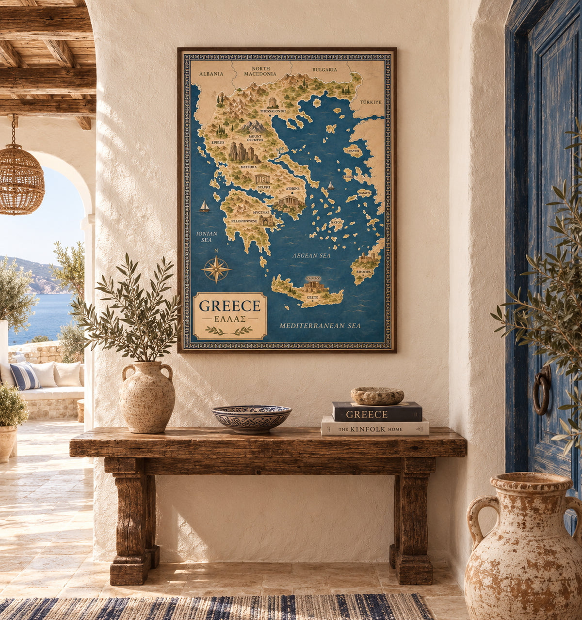 Greece Map Poster displayed in a modern hallway.