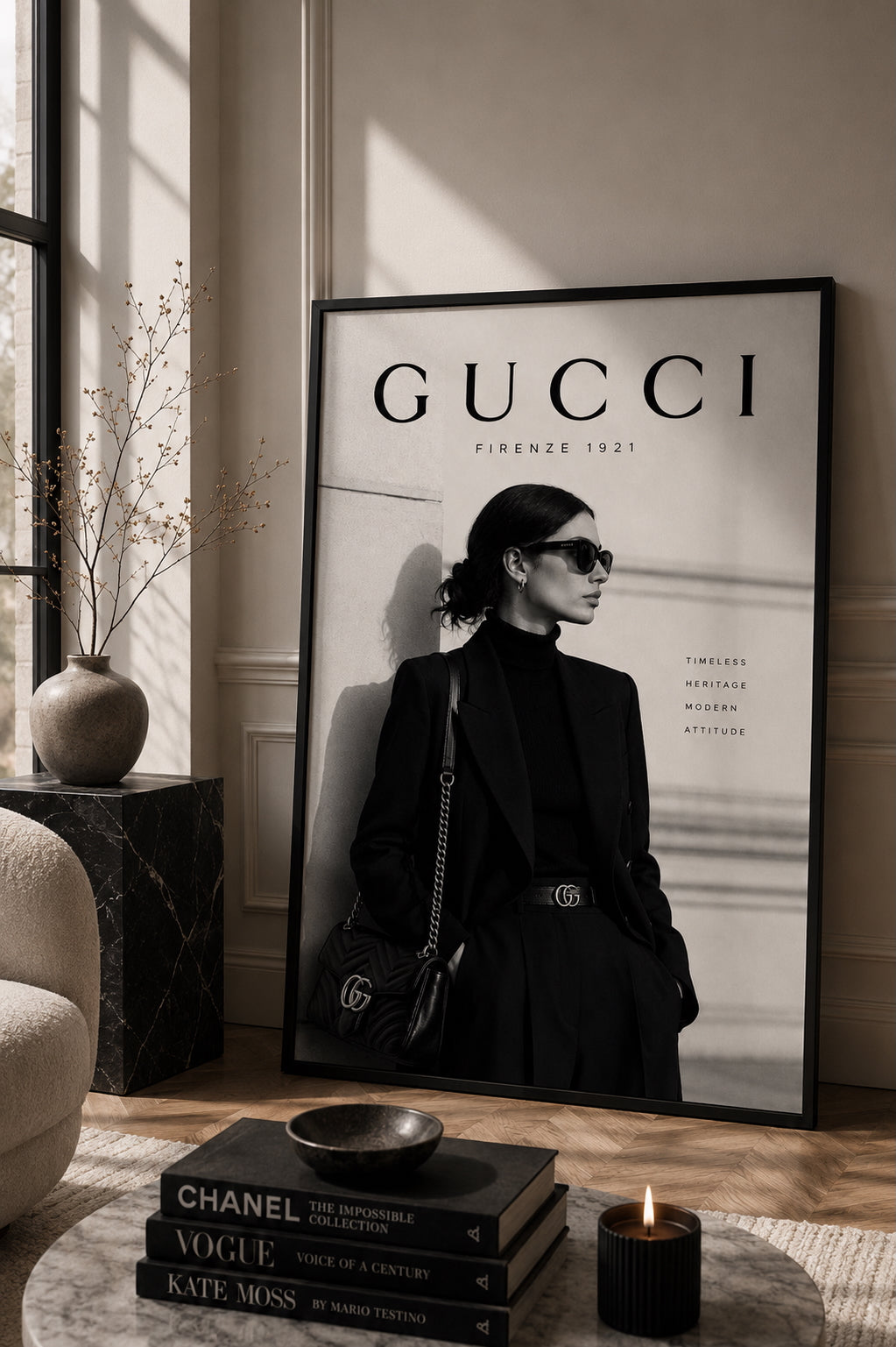Gucci Monochrome Fashion Poster displayed in a modern living room.