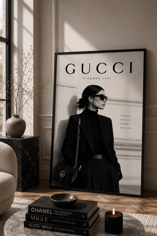 Gucci Monochrome Fashion Poster displayed in a modern living room.