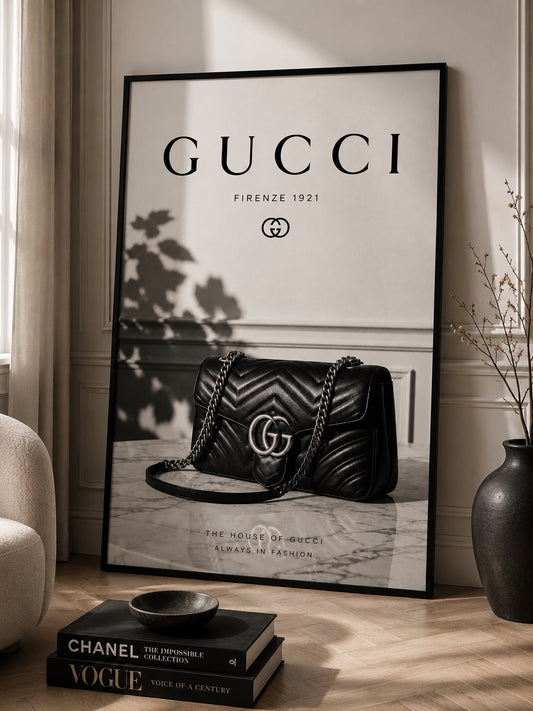 Vintage Gucci Fashion Poster displayed in a modern living room.