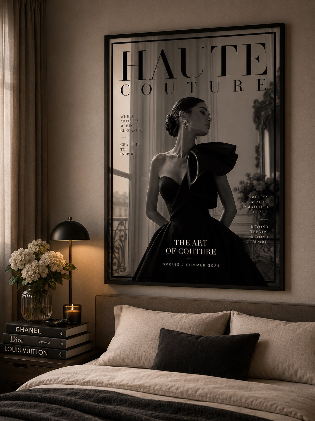 Haute Couture Fashion Poster displayed in a modern bedroom.
