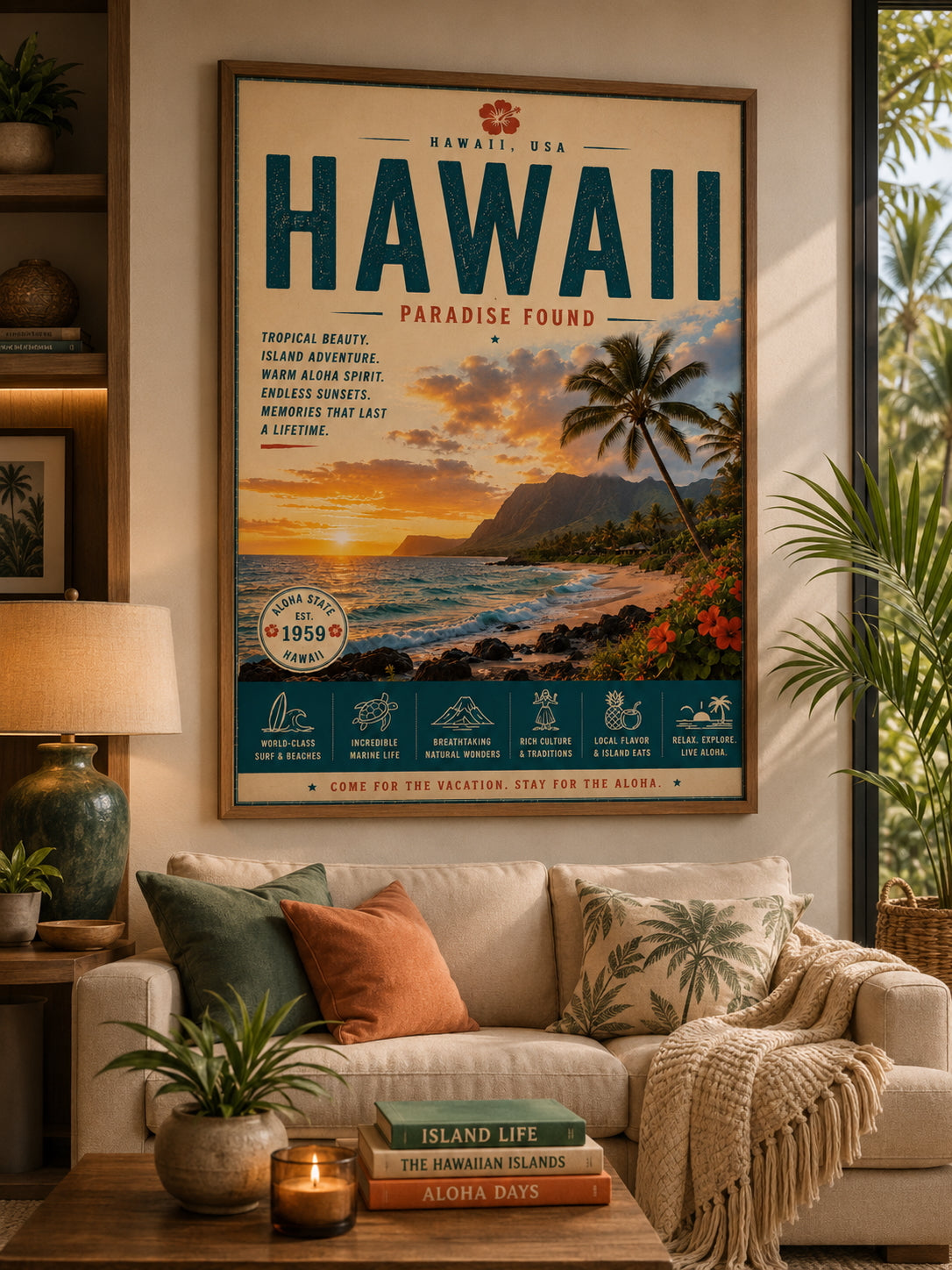 Hawaii Travel Poster displayed in a modern living room.