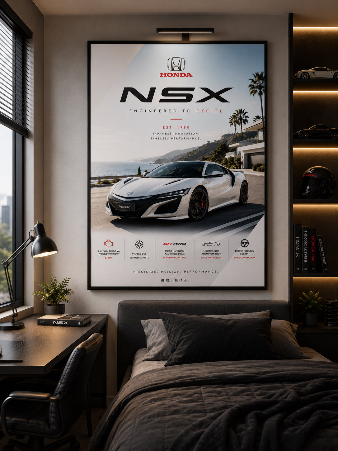 Honda NSX Car Poster displayed in a modern bedroom.