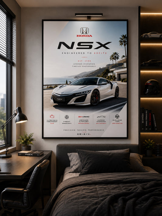 Honda NSX Car Poster displayed in a modern bedroom.