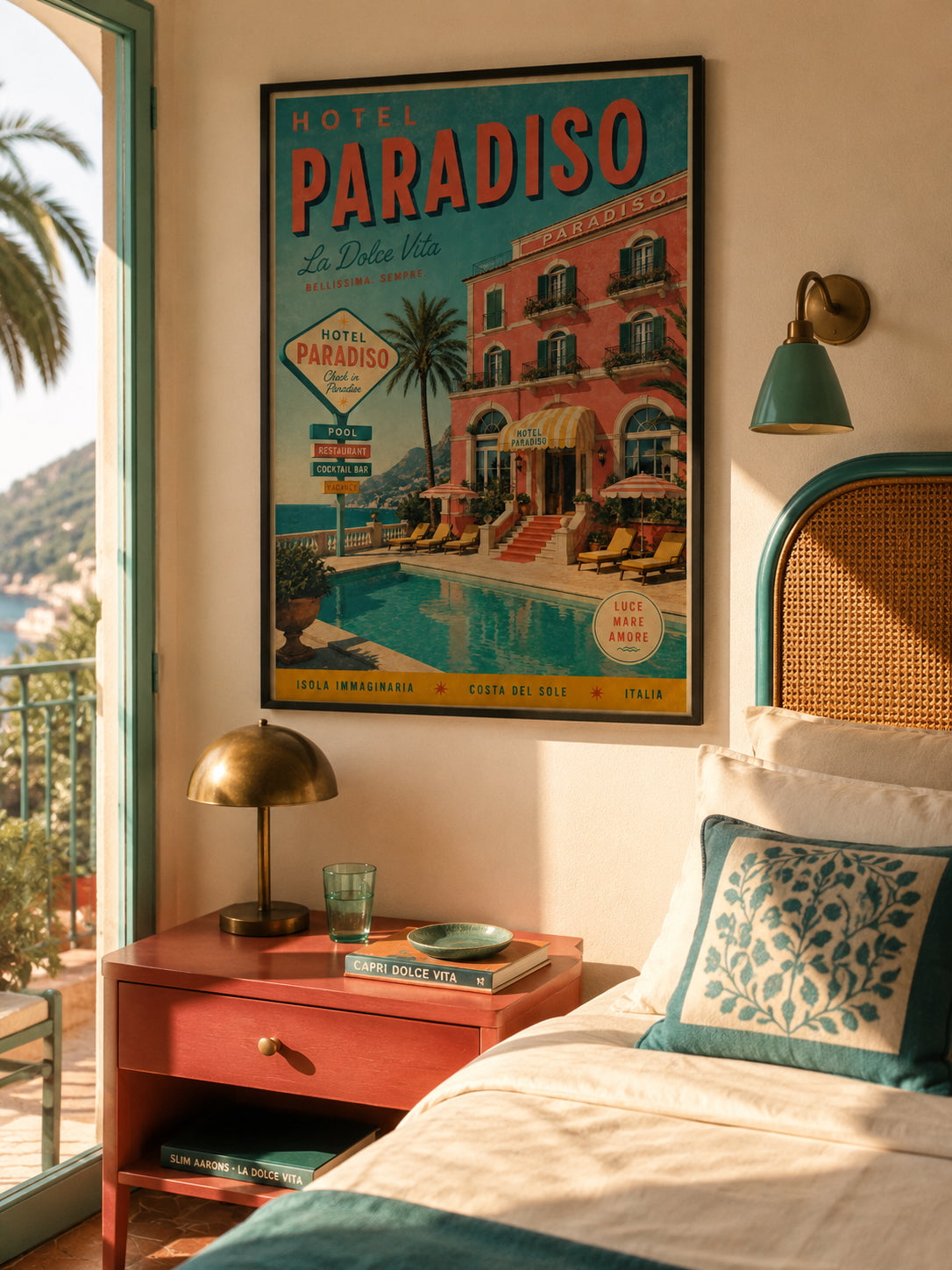Hotel Paradiso Travel Poster displayed in a Mediterranean-inspired bedroom with warm sunlight and coastal decor