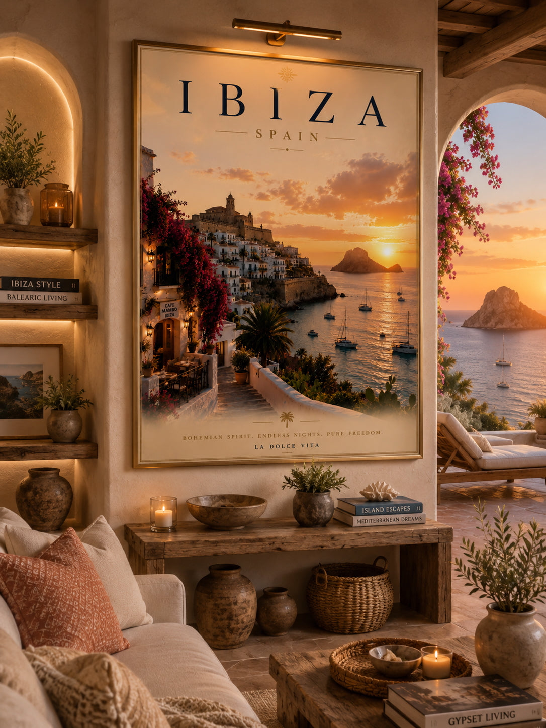 Ibiza Travel Poster displayed in a modern living room.