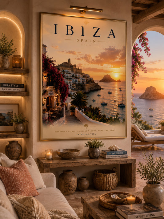Ibiza Travel Poster displayed in a modern living room.