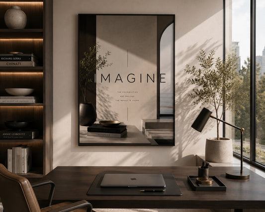 Imagine Typography Poster displayed in a modern home office.